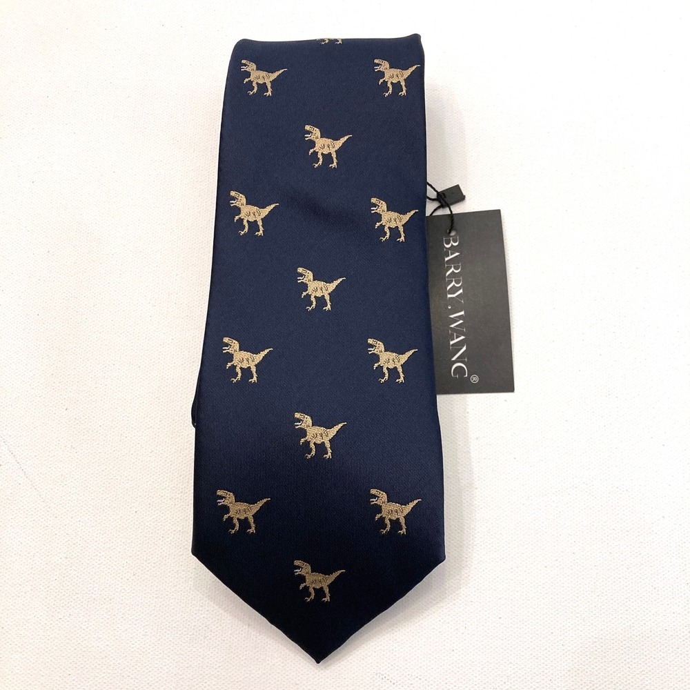 Barry Wang Dinosaur Tie Navy Blue 100% Silk T-Rex 59" 3.25" Wide Novelty NEW